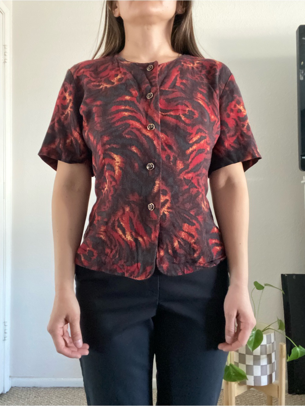 VTG 90s Darian Rayon Blouse Size 12 Fire Abstract Animal Print Cinch Tie Back